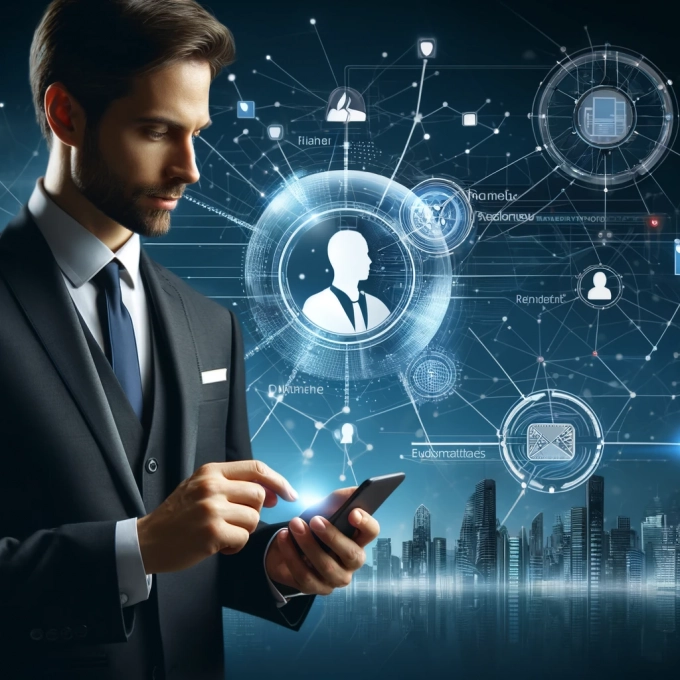 DALL·E 2024-05-23 16.43.52 - An illustration showing a professional using modern networking tools. On the left, the professional is using a digital business card on a smartphone.