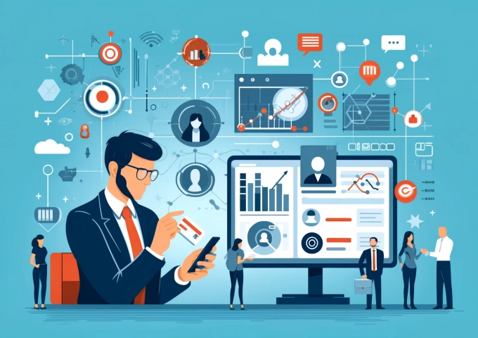 DALL·E 2024-05-23 17.24.37 - An illustration showing a professional using tools to measure and track the effectiveness of their networking. On the left, the professional is analyz